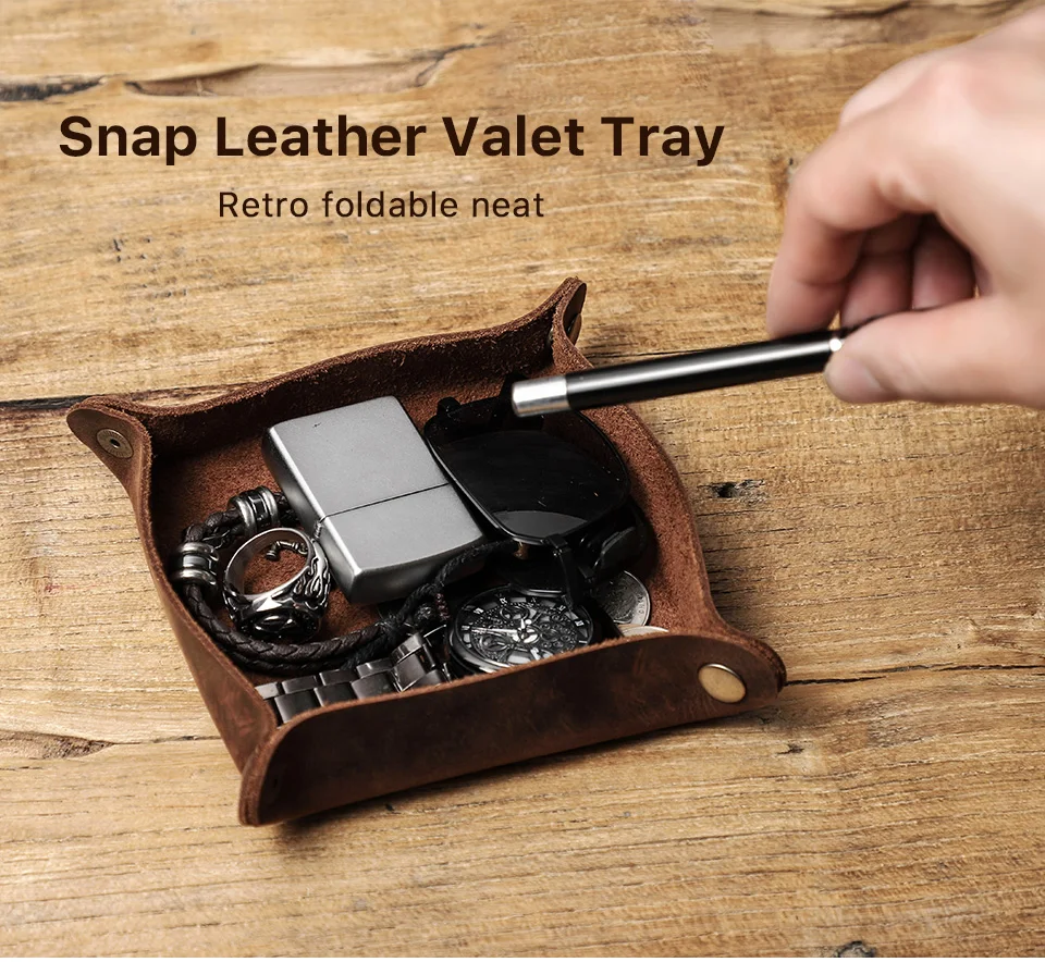 Creative Genuine Leather Valet Snap Tray Home Ofiice Desk Organizer Jewelry Pen Key Coin Desktop Storage Tray Folding Storage
