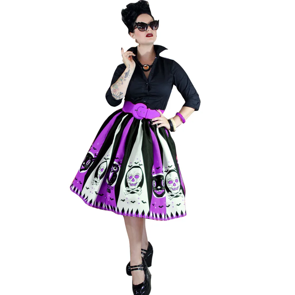 Frauen Vintage Halloween Rock Retro Poker Gesicht Schädel Plus Größe Rock Hohe Taille Gefaltete Ballkleid Lange Röcke