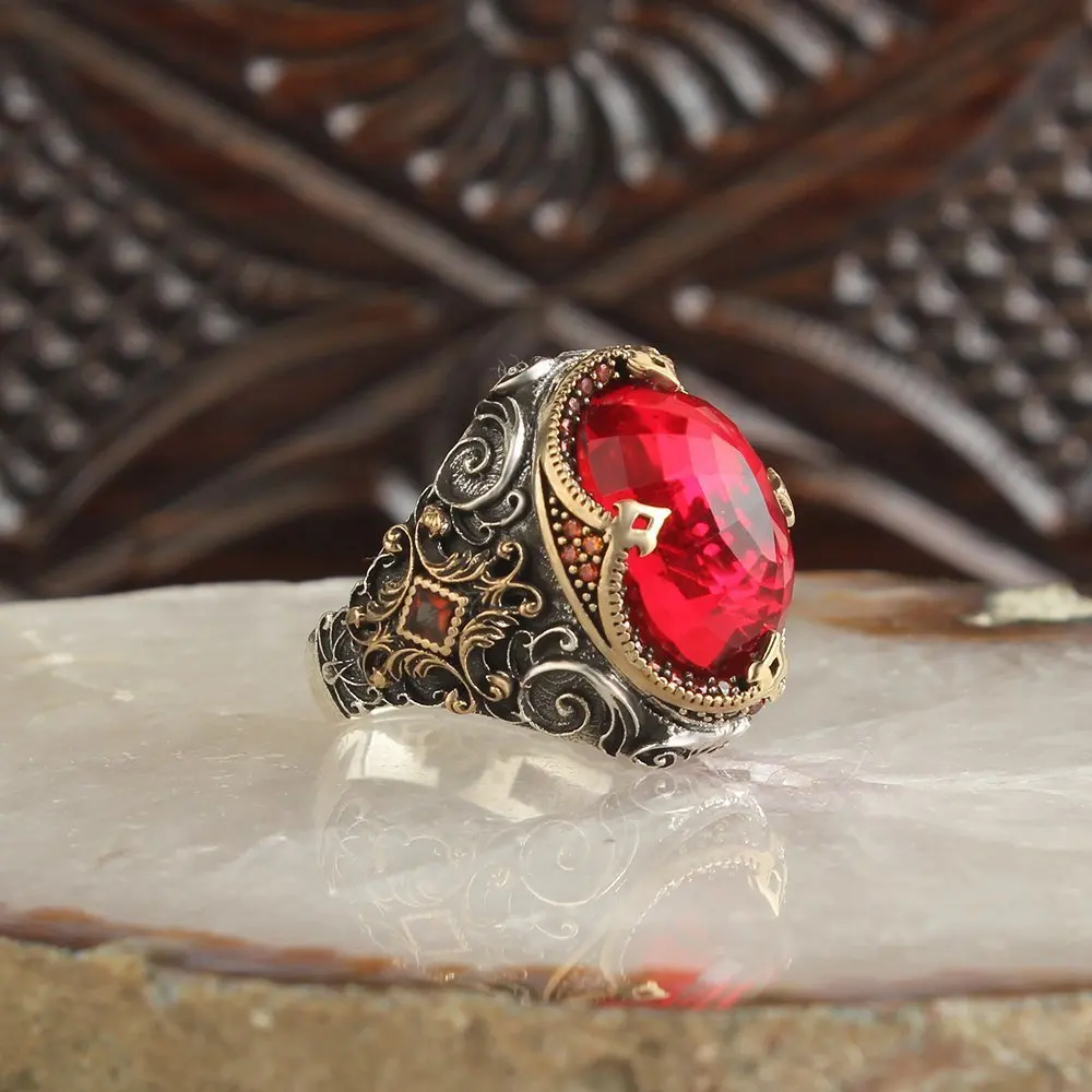 925K Sterling Silver Ring Crystal Red Zircon Gemstone With Shiny Stones Man Jewelry Fine Workmanship Class Accessory