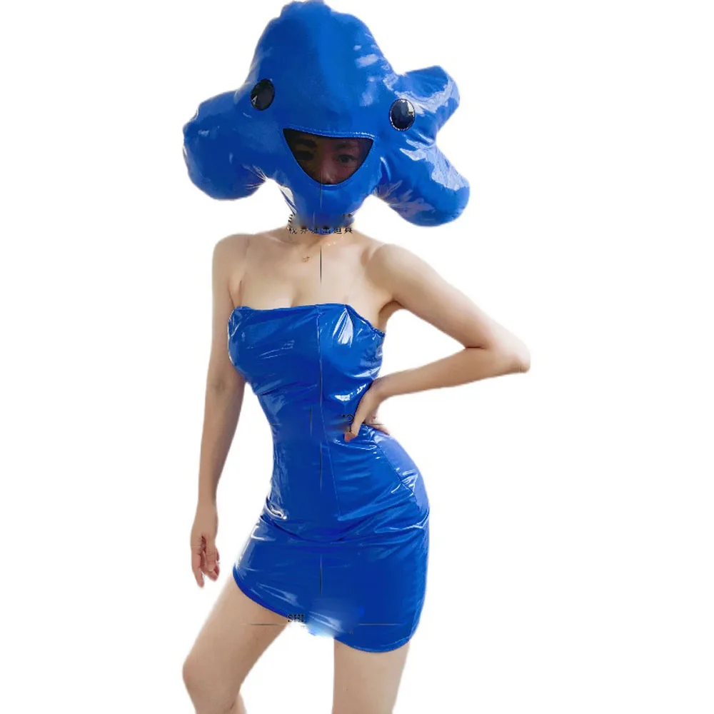 

Blue women gogo stage dance costume dj outfit headgear dress set Nightclub singer dancer performance Role costume