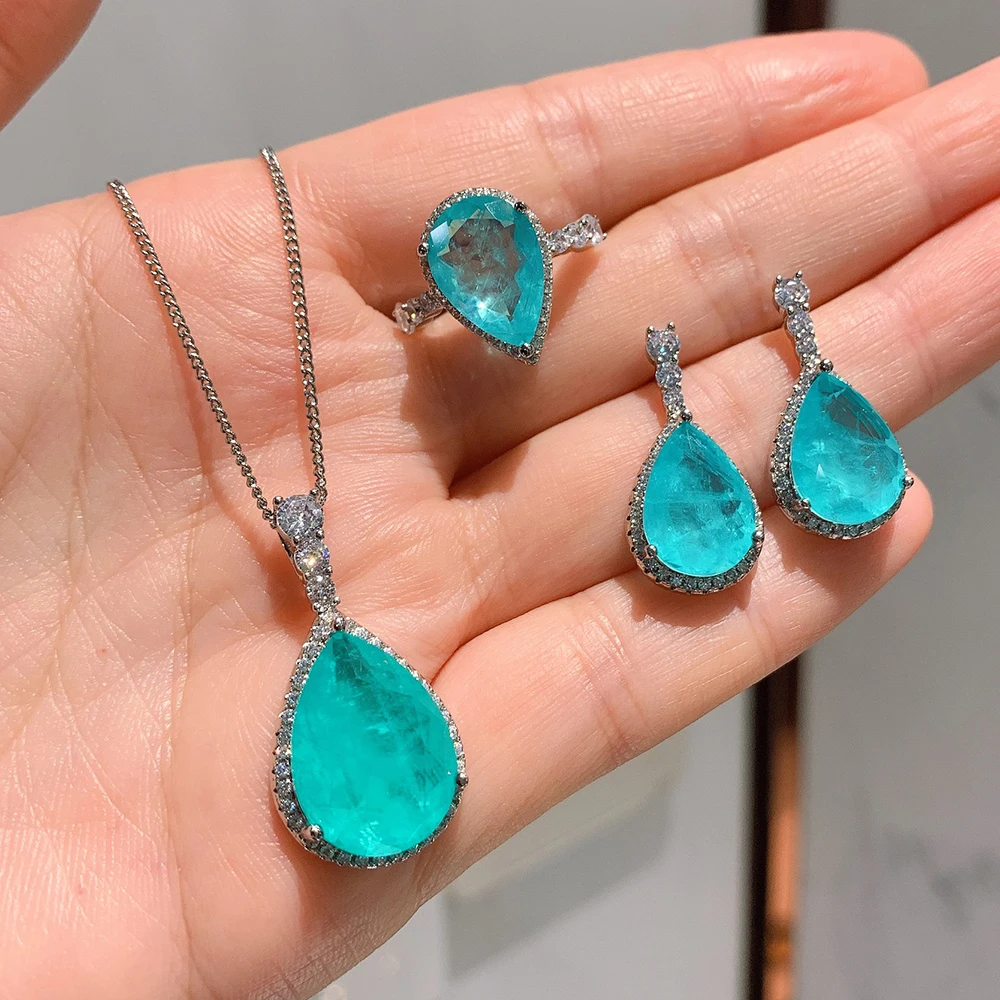 Luomansi Luxury 925 Sterling Silver Paraiba Tourmaline Gemstone Earrings/Pendant/Necklace/Ring Wedding Jewelry Sets Wholesale