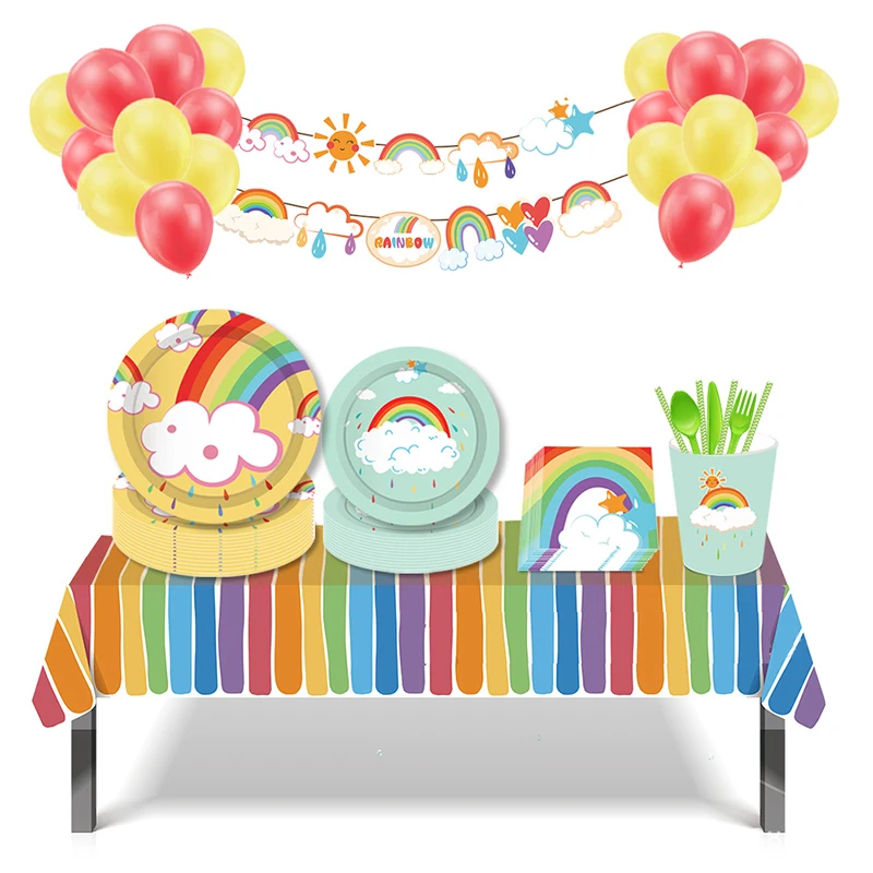 White Cloud Rainbow Party Favors Tableware Kids Birthday Paper Plates Cup Cartoon Dessert Cake Dish Wedding Decor Party Supplies