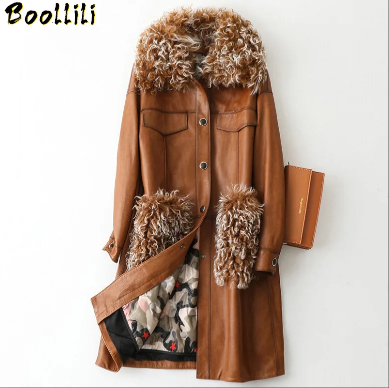 

Leather Boollili Real Jacket Winter Coat Women Lamb Fur Collar Down Jacket Women Long Genuine Sheepskin Coat Chaqueta Mujer