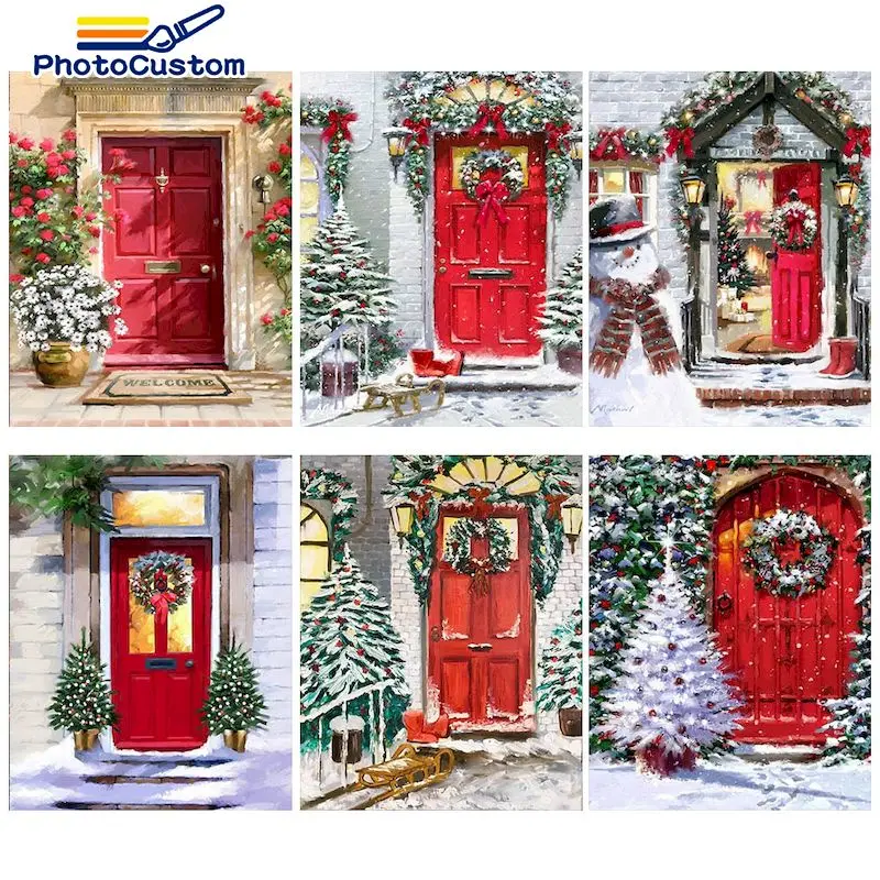 

PhotoCustom Paint By Number Christmas Door On Canvas Gift DIY Pictures By Numbers Landscape Art On Canvas Unique Gift For Adult