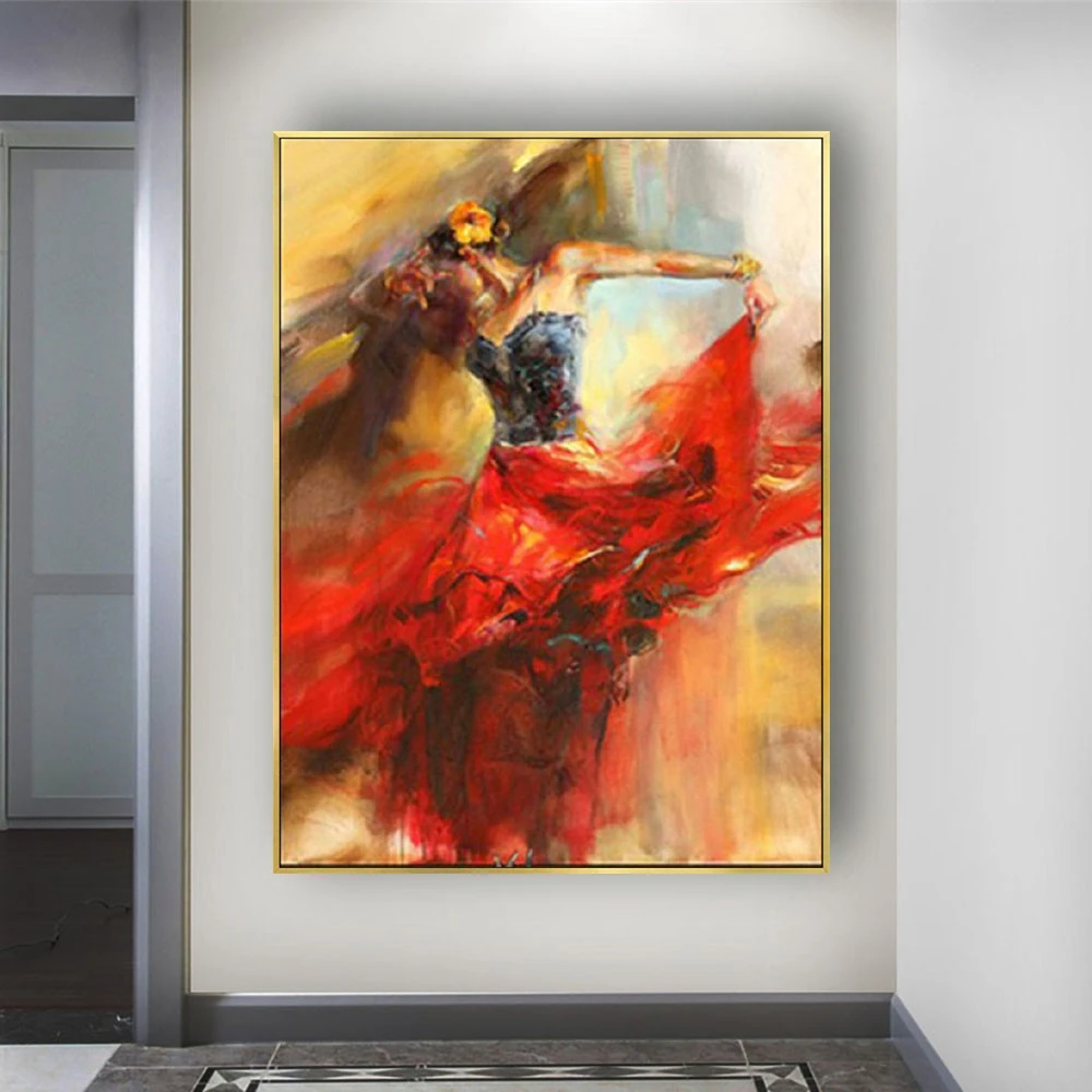 

Custom Mural Hand-Painted Oil Painting On Canvas Home Decor Living Room Sofa Wall Art Picture Dance Girl Poster Red Dress Image