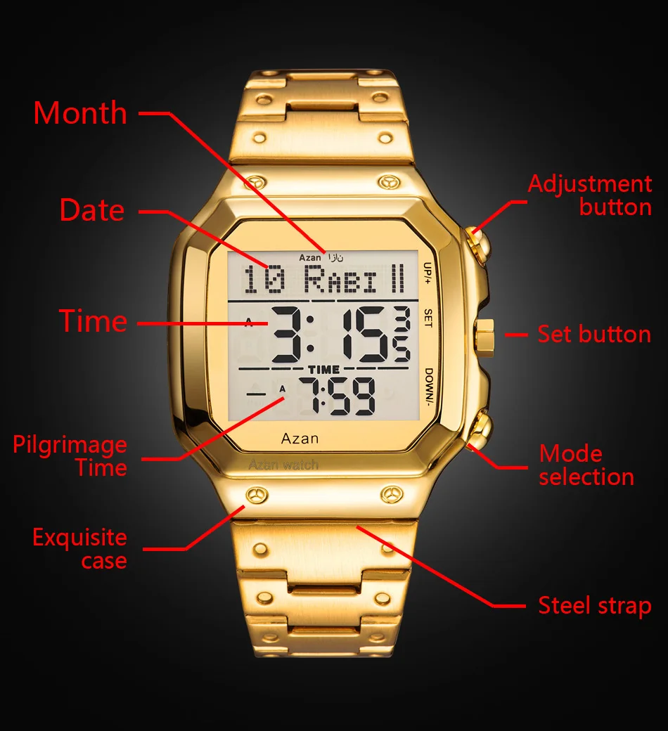 2021 New Arabic Watch Stainless Steel Digital Watches Islamic Qibla Direction Al Azan Wrist Watch for Muslim Prayers 6001