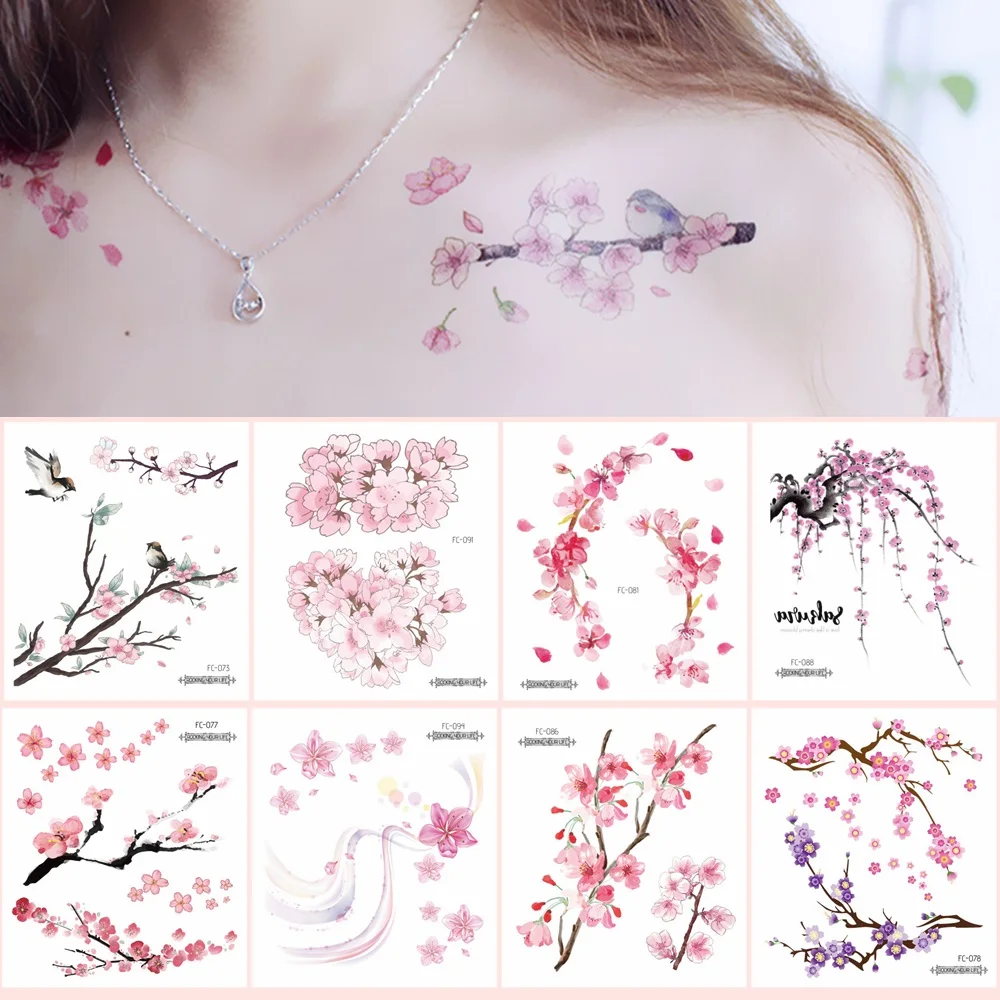 24 Kinds Flower Tattoo Temporary Body Sticker Gradient Color Pink Sakura Flowers Disposable Tatouage Temporaire