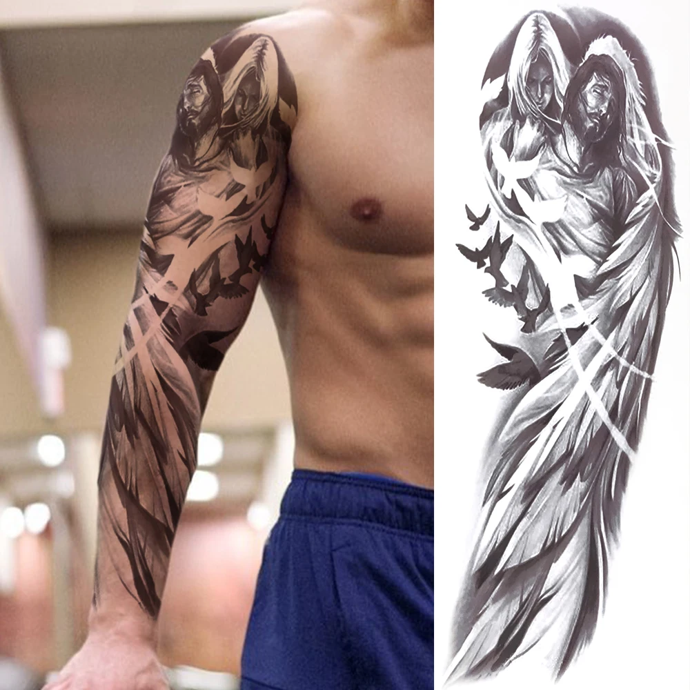 Jesus Christ Wing Temporary Tattoo Arm Sleeve For Men Women Adult Fake Soldier Tatoos Sticker Warrior Large Black Tattoos Thigh