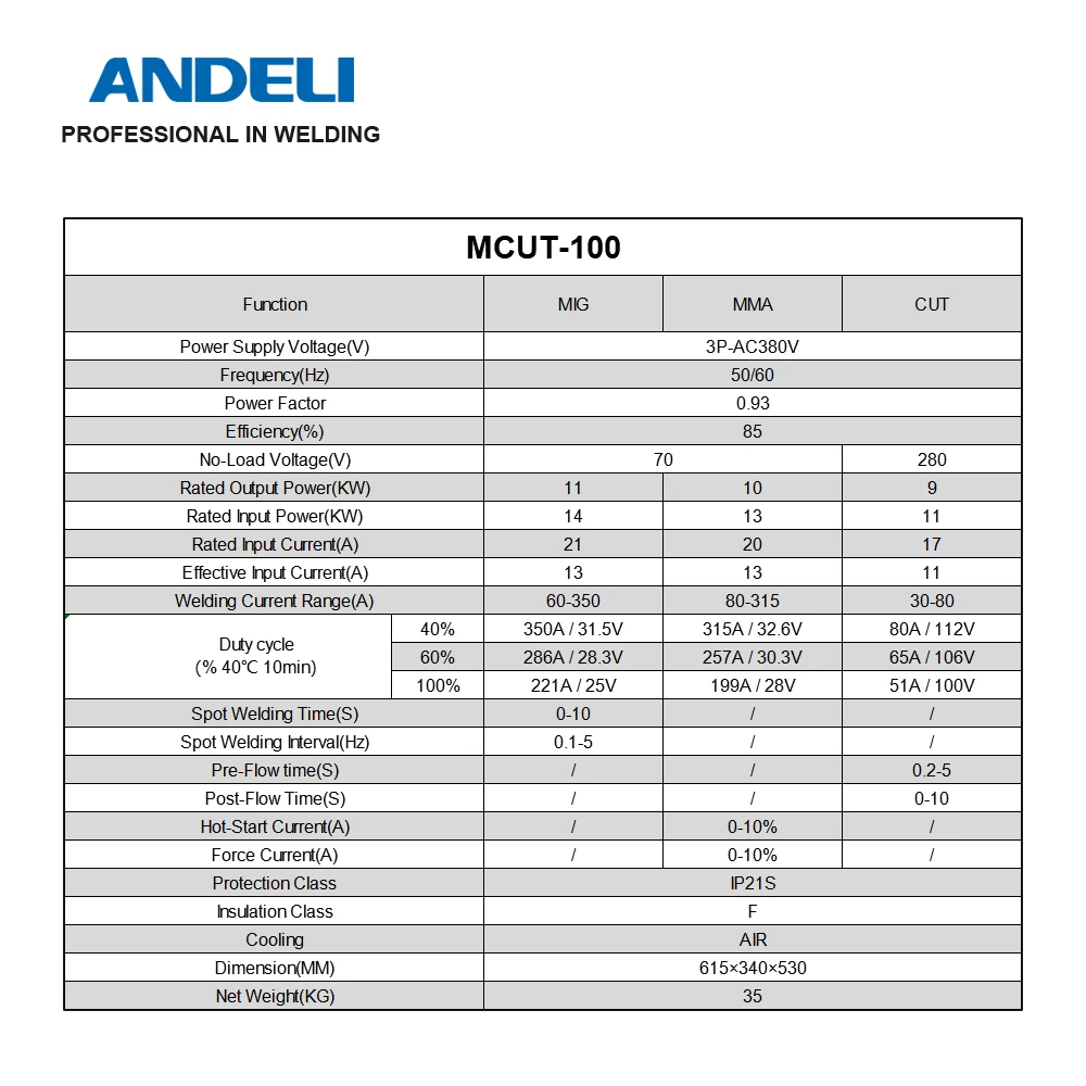 ANDELI Three Phase 380V Plasma Cutter MCUT-100 CUT MIG MMA 3 in 1 Plasma Cutting Machine with Pilot Arc Non-Contact Cutting