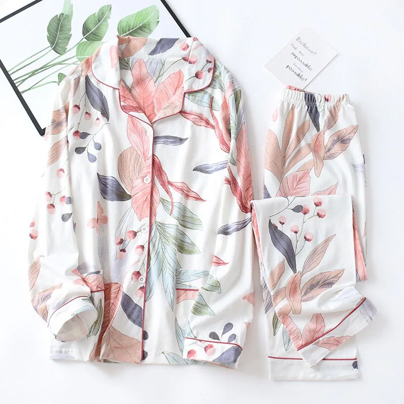 Autumn New Ladies Pajamas Set Floral Printed Full Cotton Fresh Style Sleepwear Set Women Turn-down Collar Female Casual Homewear