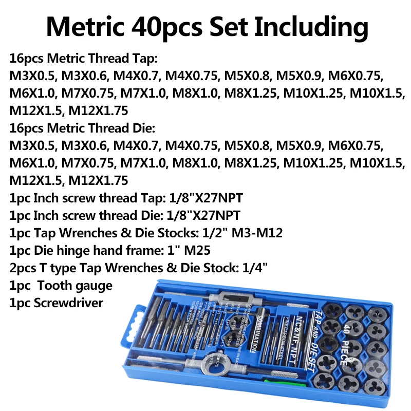 CMCP 40pcs Tap Die Set Imperial/Metric Thread Taps Wrench Dies For Metalworking Alloy Steel Screw Tap Drill Bit