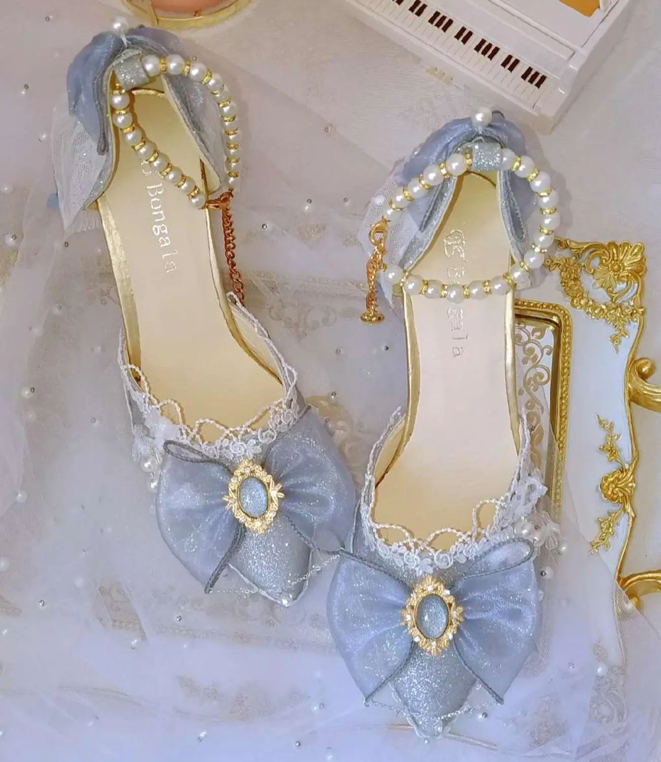 

Princess kawaii shoes round head high heel Kawaii girl sweet lolita shoes pearl lace bowknot women shoes loli cosplay cos