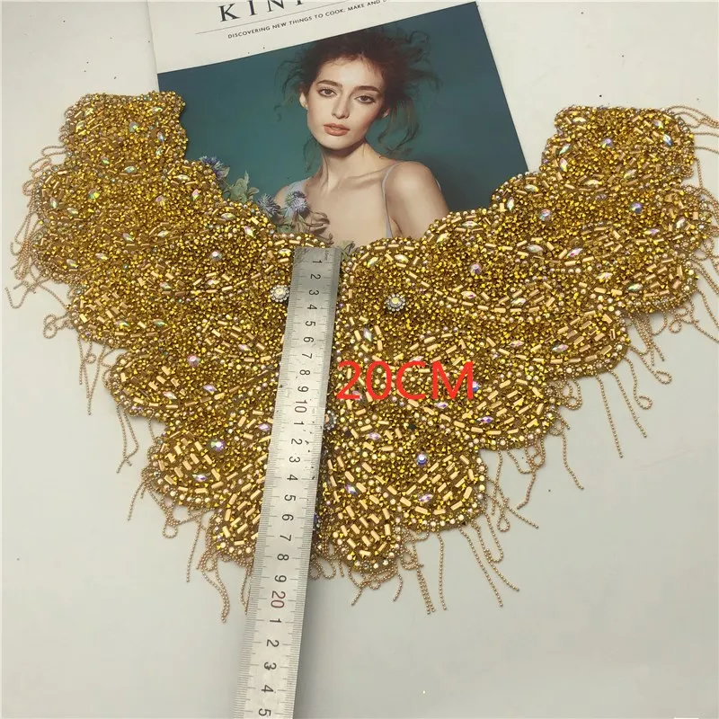 New Gold one side iron on  wedding embroidered crystal rhinestone collar necklace  appliques  with fringe