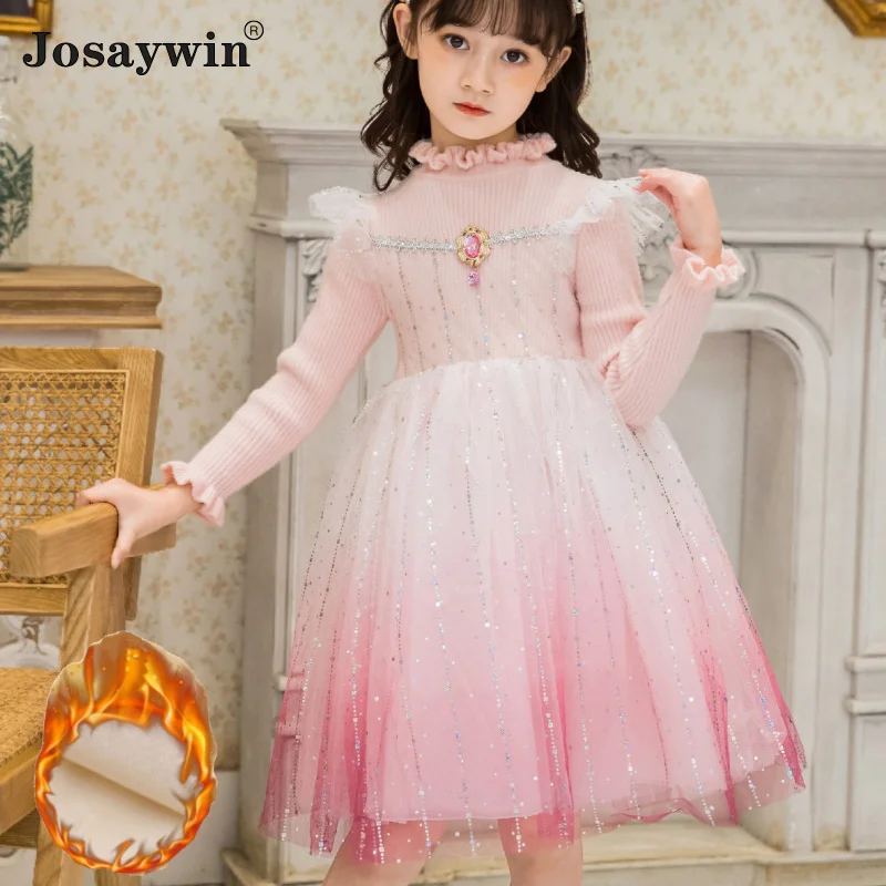 

Children Clothes Dress for Girls Baby Long Sleeve Knit Girl Dress Velvet Winter Mesh Princess Party Wedding Patchwork Kids