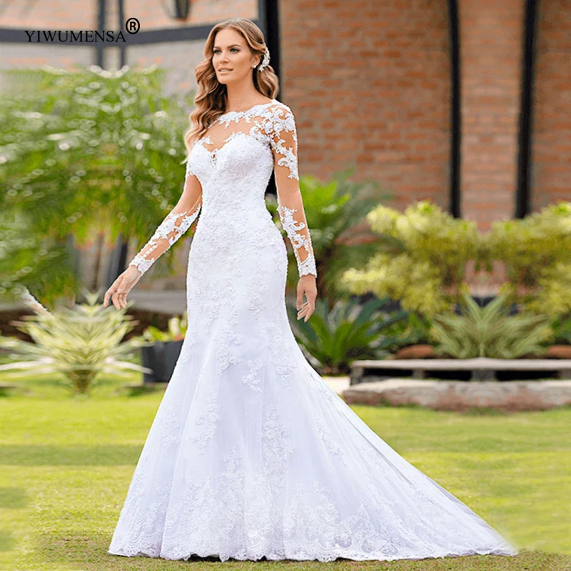 Abito da sposa a sirena bianca Boho maniche lunghe donna festa formale matrimonio sposa perle abito da sposa abiti Appliques di lusso 2023