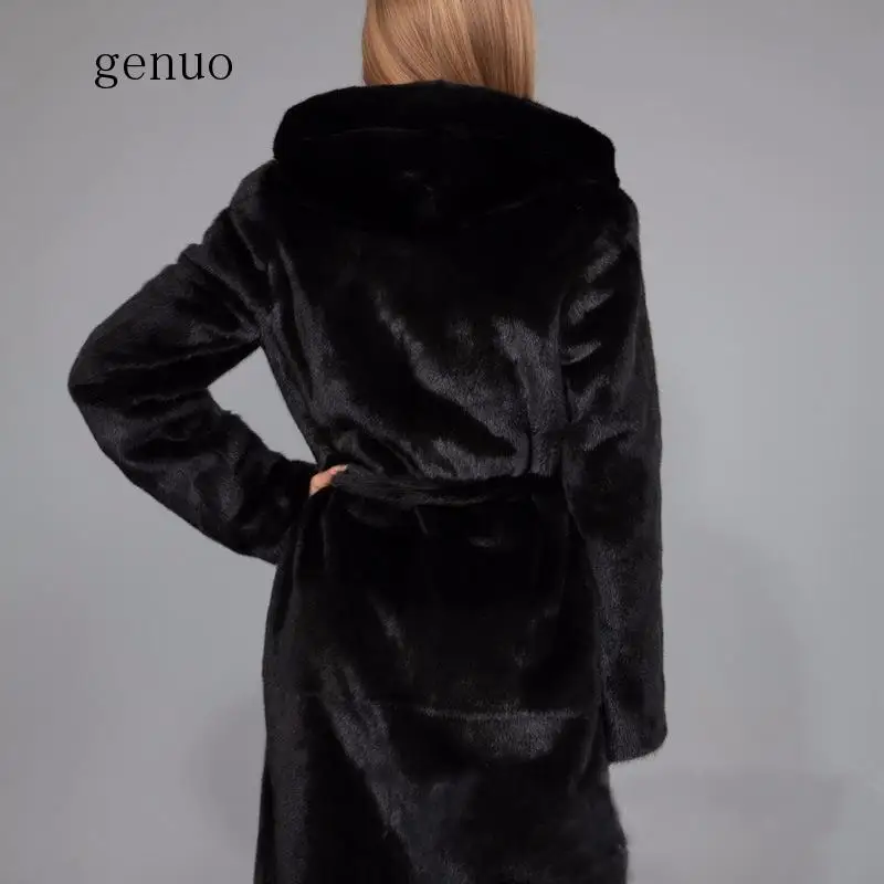 X-long Faux Fur Coat Mujeres Nuevo invierno ajustable cintura de manga larga Artificial Slim Mink abrigos de piel con capucha gruesa chaqueta