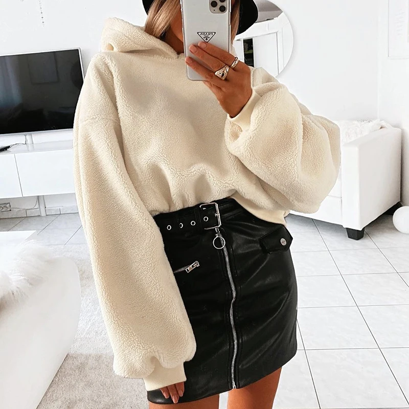 2022 New Casual Loose Raglan Long Sleeve Keep Warm Furry Hoodies Women 2022 Fall Winter Harajuku Pullovers Sweatshirt Solid Top
