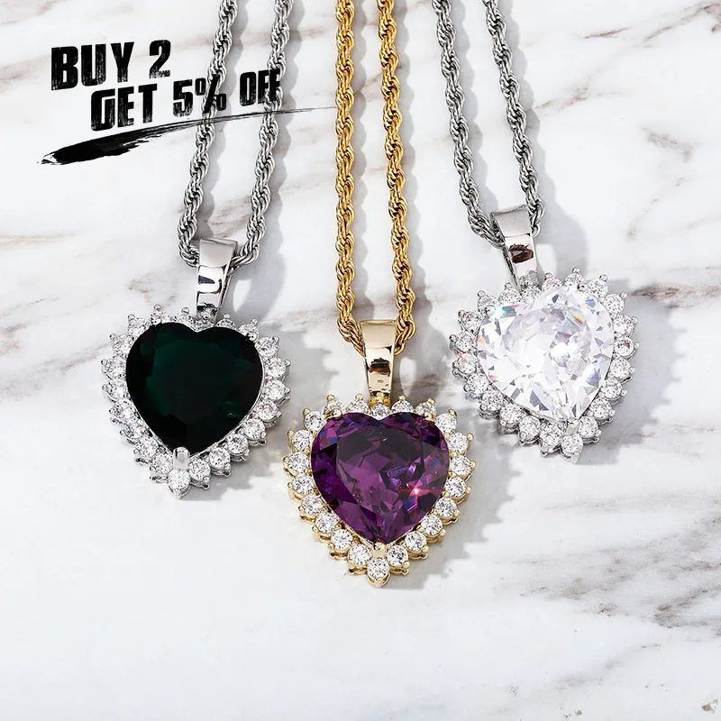 JINAO High Qulity Iced Out Cubic Zirconia Heart Pendant Necklace Five Color Hip Hop Jewelry Fashion Love Gift For Women