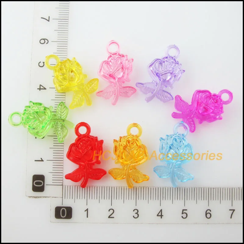 40Pcs Mixed Clear Acrylic Plastic Rose Flower Pendants Charms 17x27mm