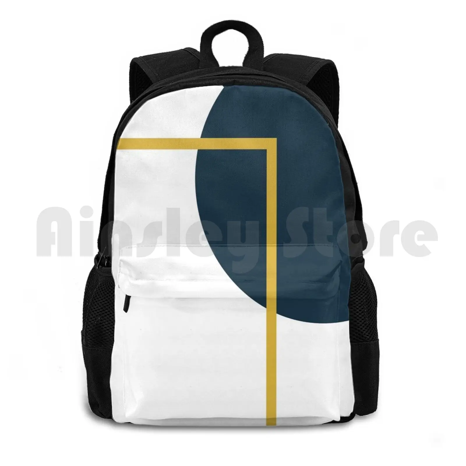 Abstract Geometric Minimalist Navy Blue , Light Mustard Yellow , And White Outdoor Hiking Backpack Riding Climbing Sports Bag