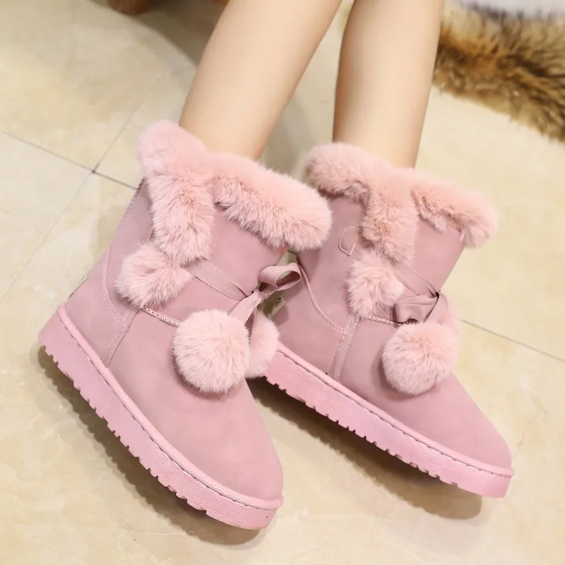 Warm Fur Women Snow Boots Suede Winter Shoes Fur Ball Mid-Calf Boots Female Fashion Boots Non-Slip Snow Casual botas de mujer