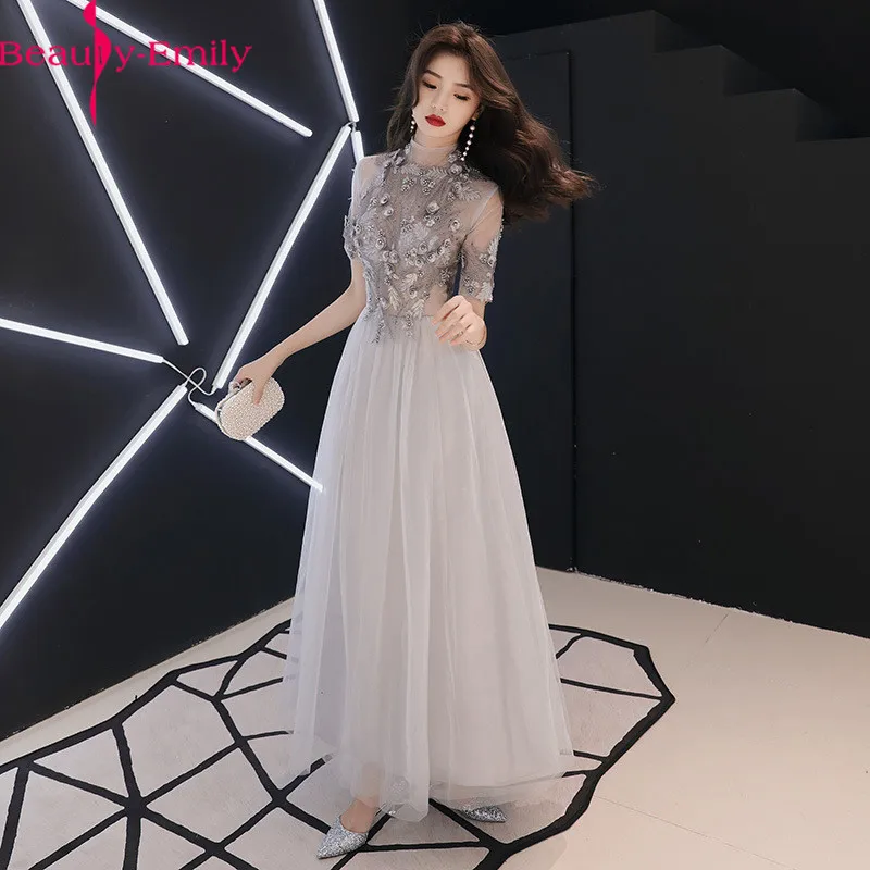 

Beauty Emily 2020 Charming High Neck Short Sleeve Evening Dress Elegant Lace Appliques Zipper Back Tulle Prom Dress Can Custom