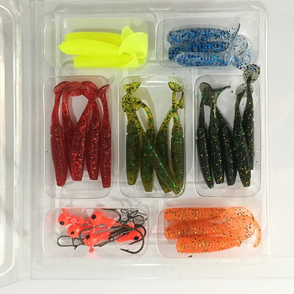 24pcs/Set Jig Soft Bait Silicone Lure Worm Fishing Lures Wobbler Attractive Artificial rubber Swivel Bass Fishing Tackle