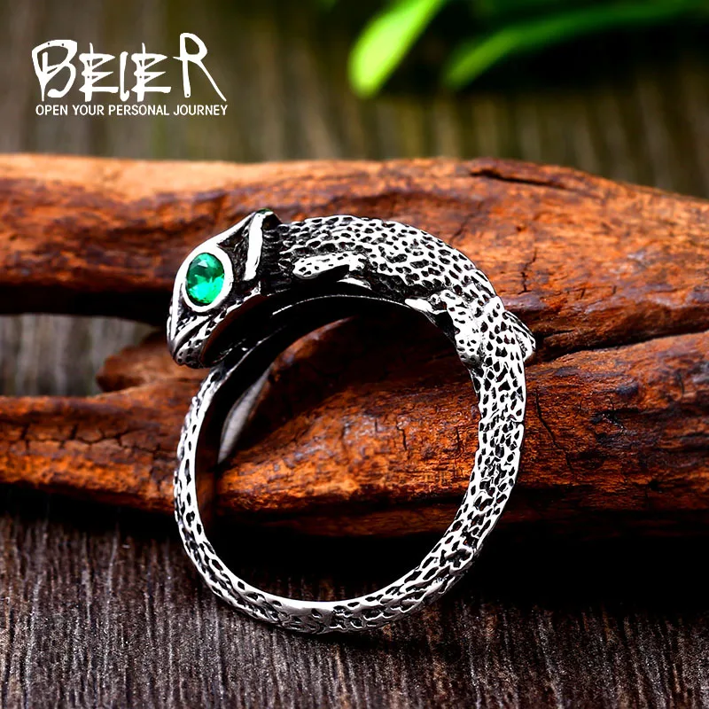BEIER 316L stainless steel Vintage Green stone Eye Lizard Men\'s Ring Classic Animal High Quality Jewellery LLBR8-700R