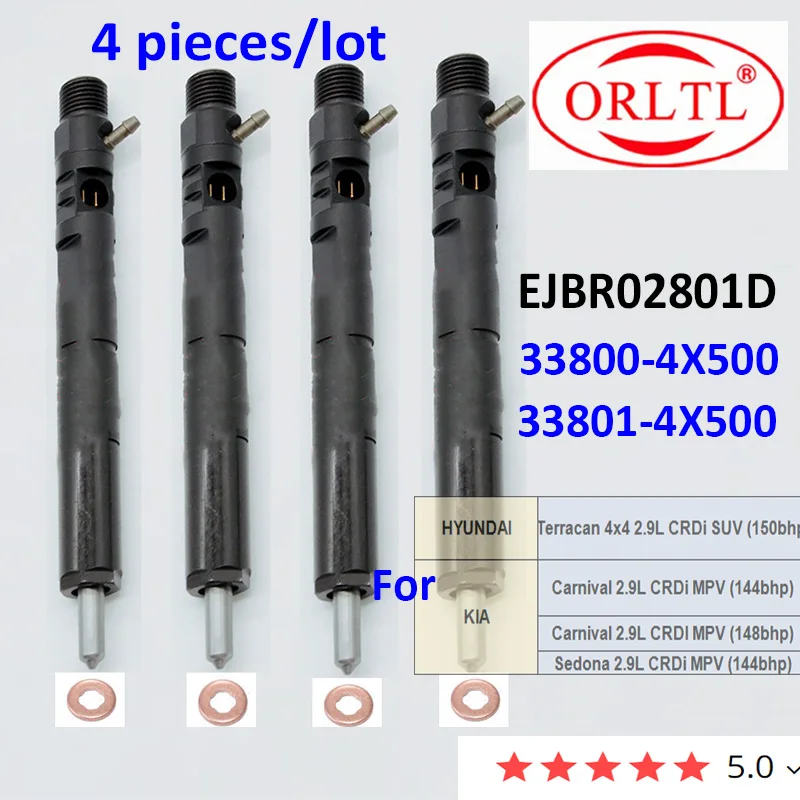 4PC EJBR02801D Diesel Engine Injector 33800-4X500 33801-4X500 338004X500 338014X500 For HYUNDAI KIA Carnival 2.9L CRDi MPV