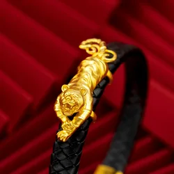 Fine Jewelry Real 18K Gold Twisted Leather Rope Leopard Bracelet for Man Luxury 999 Solid Rope Chain Wedding Gift for Women