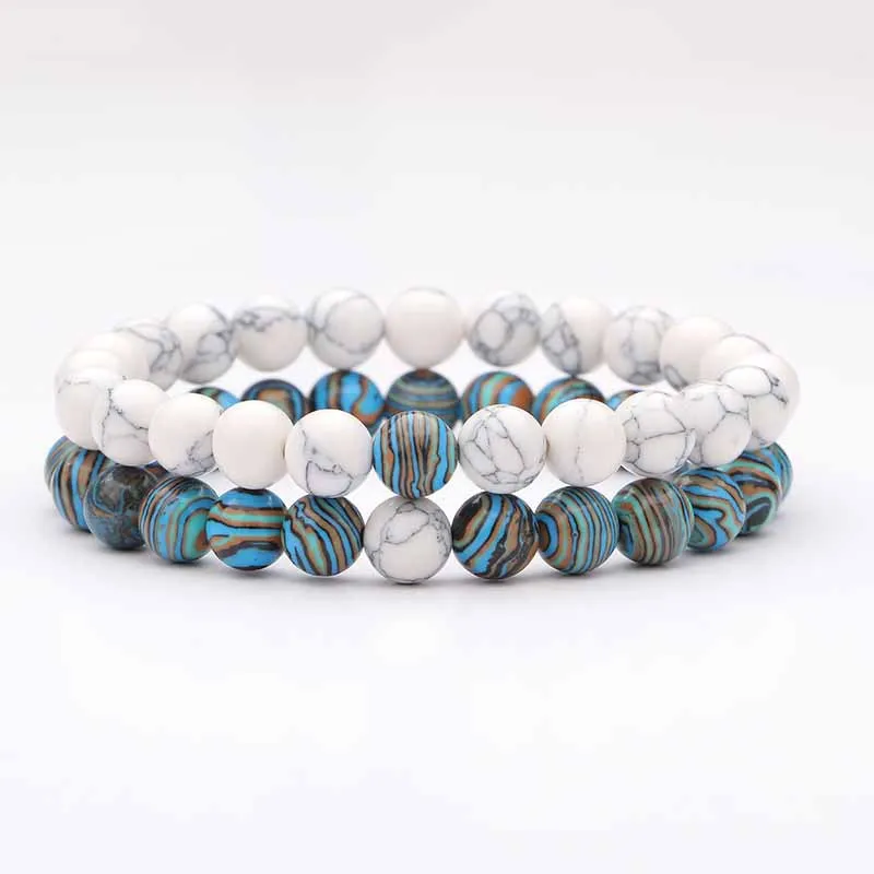 2-teiliges Set aus Naturstein-Armbändern für Paare, klassisches schwarzes, mattes, blaues Malachit-Armband, geeignet für Männer und Frauen, bestes