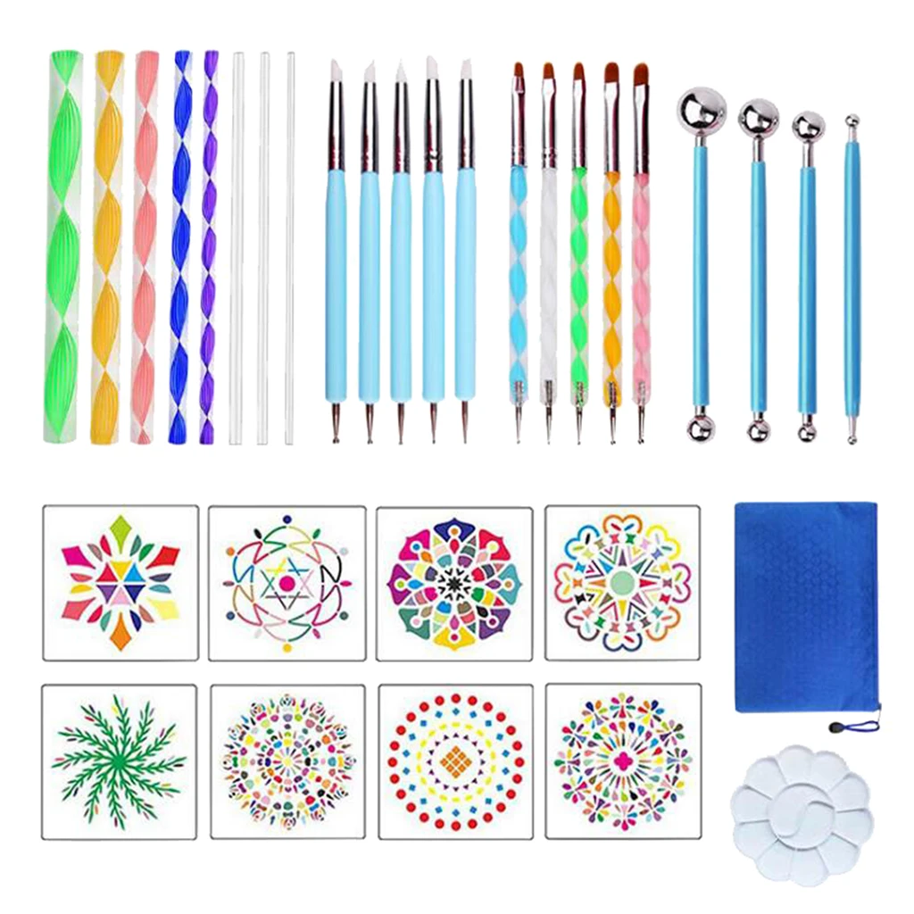 32PCS Mandala Dotting Tools Set Pen Dotting Tools Mandala Stencil Ball Stylus Paint Tray for Painting Rocks, Coloring, Drawing