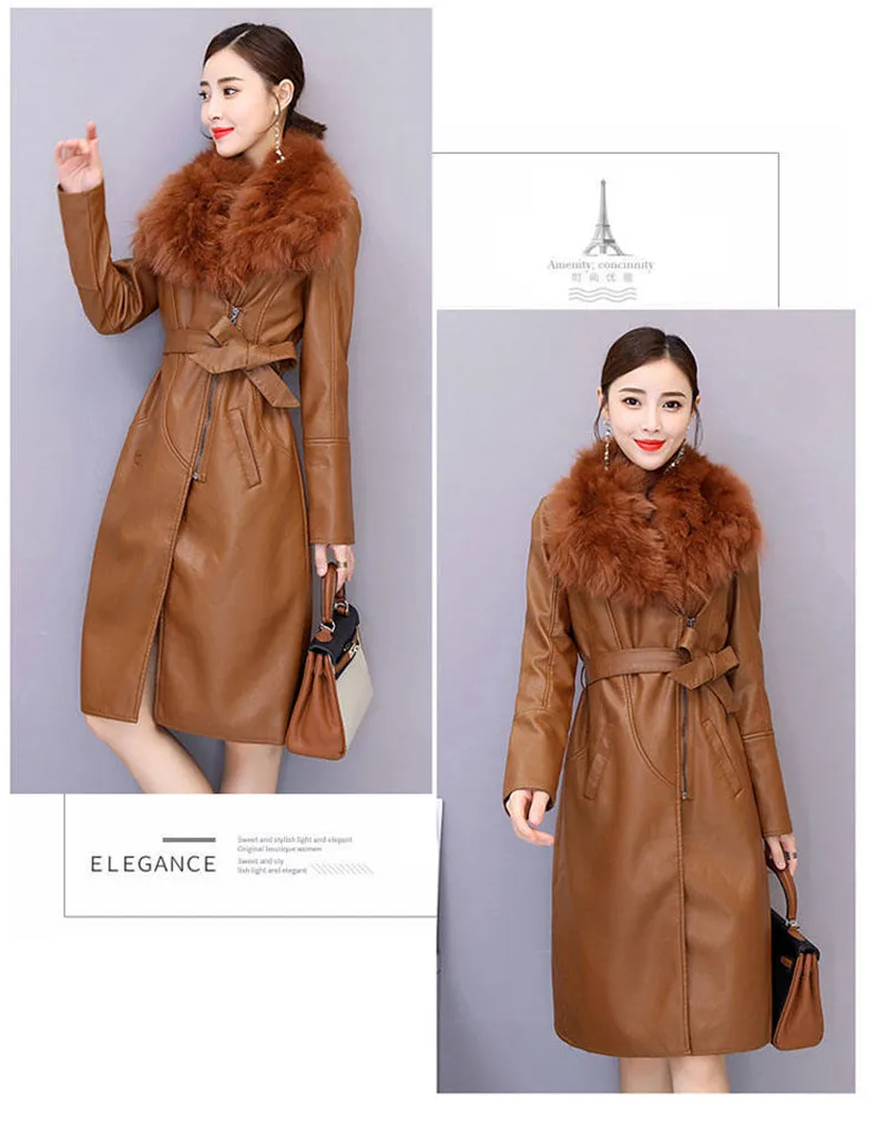 Big Fur Collar PU leather Jacket Autumn Winter Velvet Thicken Soft Faux PU leather Coat Women Korean Long Overcoat 4XL 2356