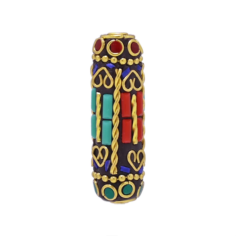 TZ-N Handmade Nepal Buddhist Tibetan Brass Craft Beads for Necklace Jewelry Making Accessories Clay Inlaid Colorful Cylindrical