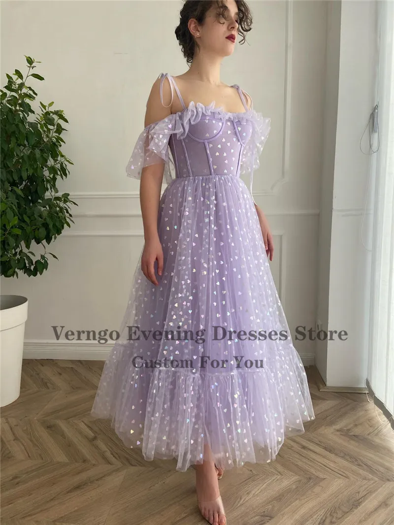 Verngo 2021 Bright Lavender Tulle With Heart Prom Dresses Off the Shoulder Straps Corset Boning Tea Length Formal Party Gown