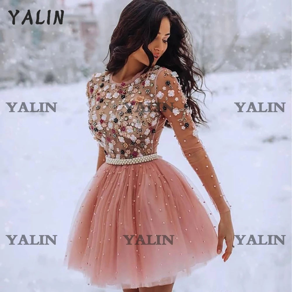 YALIN Pha Lê Đính Hạt Homecoming Áo Cổ Tròn Tay Dài Sinh Nhật Đầm Ngắn Thanh Lịch Vũ Hội Đồ Bầu Vestidos De Fiesta