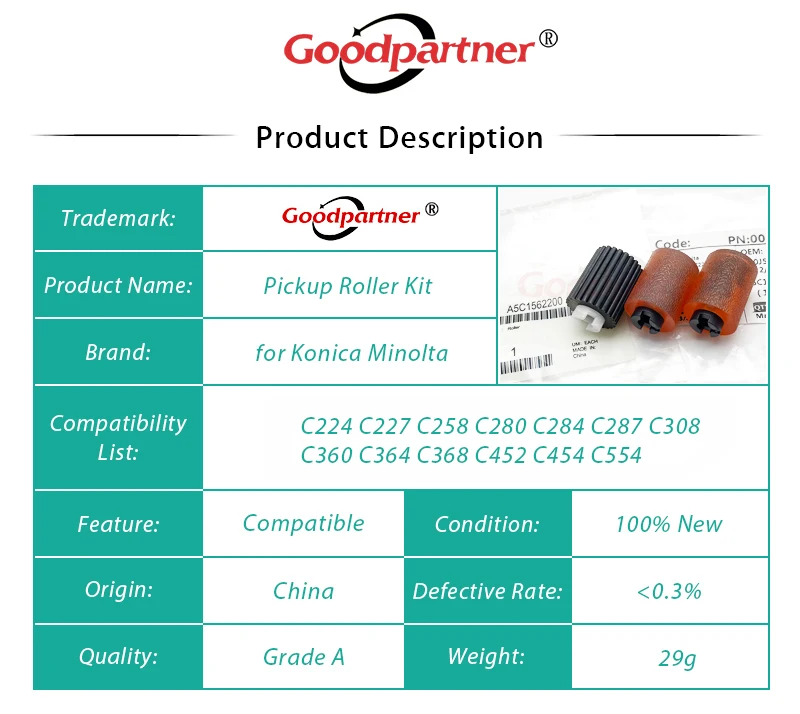 1X A5C 1562200   A00J 563600   Rodillo de recogida para Konica Minolta C220 C224 C227 C258 C280 C284 C287 C308 C360 C364 C368 C452 C454 C554