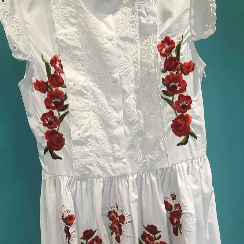 Out Hollow Floral Embroidery 100% Cotton Womens A-Line Dresses Spring Summer Top Quality High Waist Sleeveless Ladies Dresses