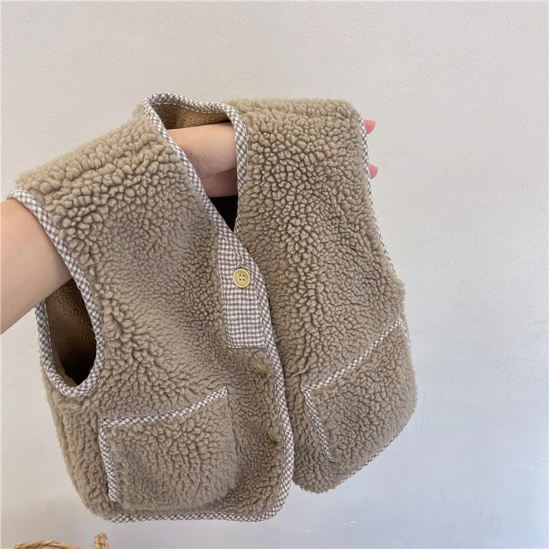 Winter Warm Kids Vest Solid Baby Sleeveless Lamb Wool Coat Children Thicken Vest Cotton Girls Windproof Vest Children Jacket