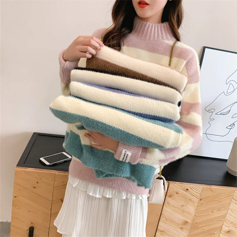 Korean Stripe Half High Collar Knit Sweater Women Student Pullover Jumpers Ladies Half Turtleneck Long Sleeve Knitted Top Female