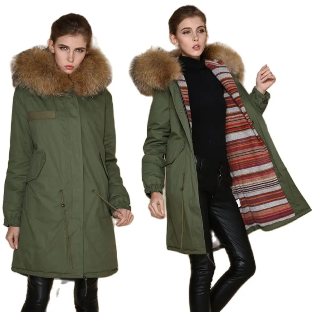 Army Green Long Parka With Red Cashere Lining Winter Warm Fashion Coat Italy Design Wear With Big Collar