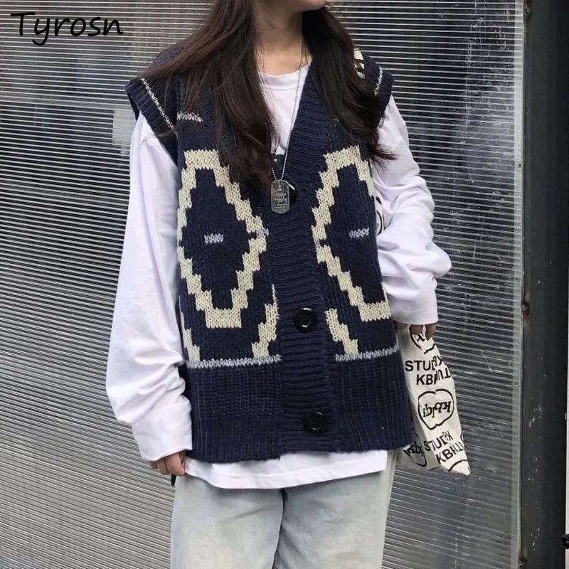 Women Sweater Vests V-neck Argyle Lattice Design Harajuku Vintage Jumpers Tricot Elegant Single Breasted Preppy Japan Style Ins