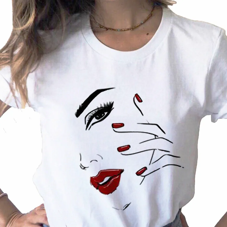 T-shirt da donna carina e carina con stampa di ciglia e occhi T-shirt casual o-collo camicia bianca T-shirt da donna manica corta, Drop Ship