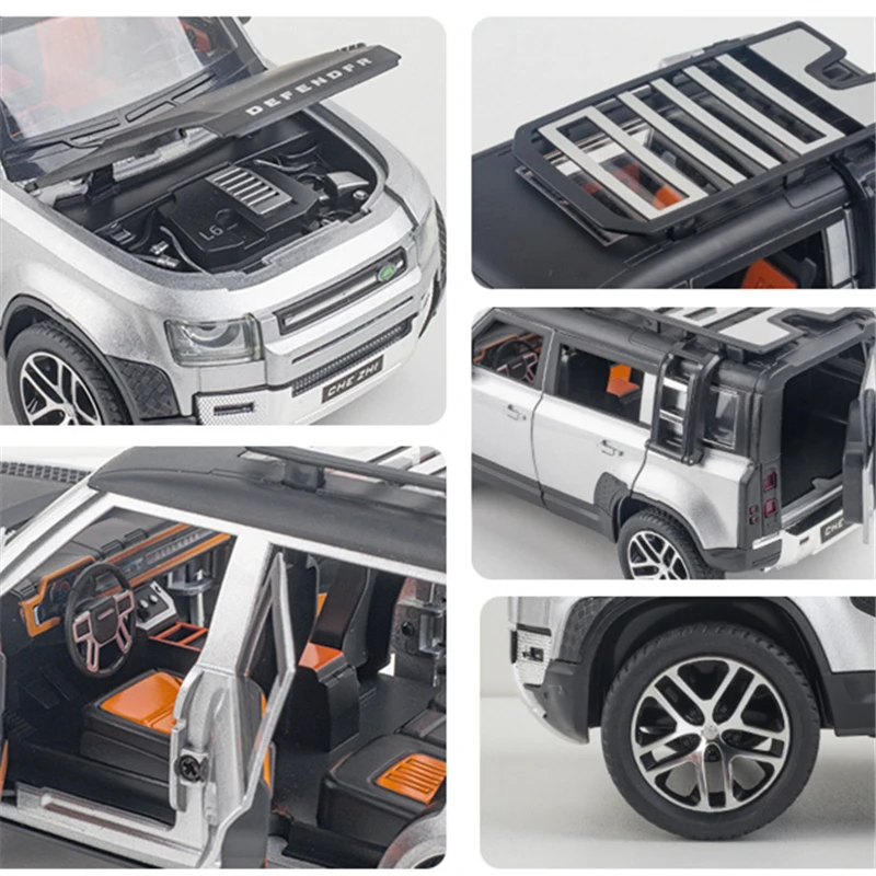 Black Knight 1/24 Land Rover Defender SUV Alloy Car Model Diecast Metal Toy Off-road Vehicle Car Model Sound and Light Kids Gift