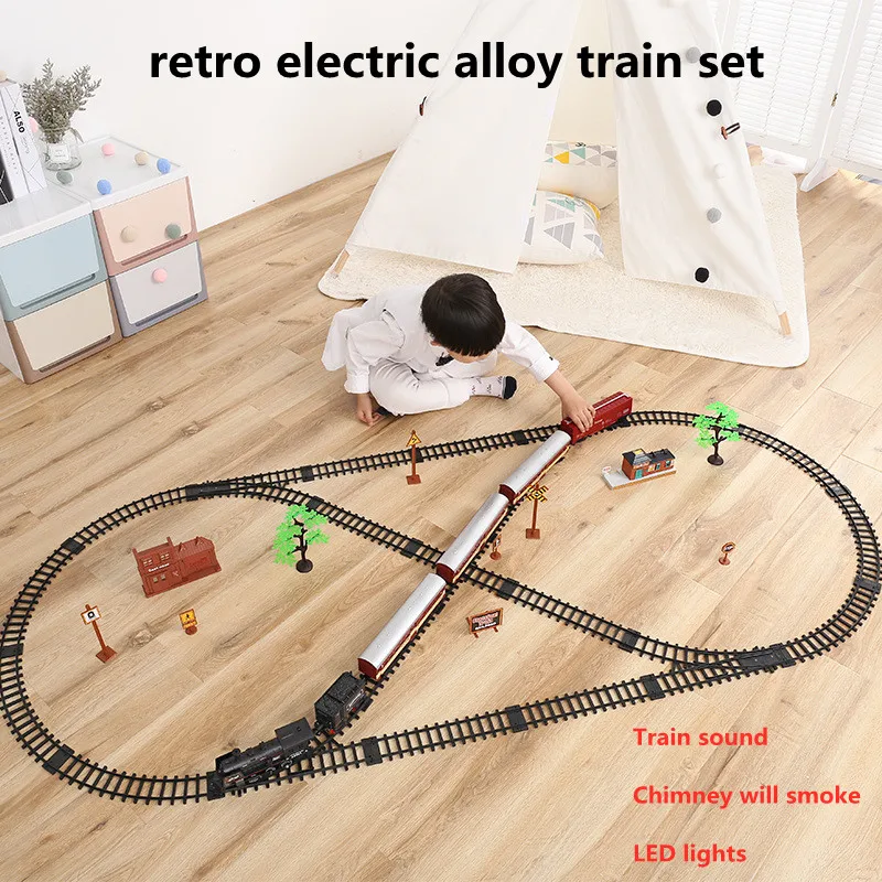 Simulation Electric Track Train Metal Alloy Train Toy Set With Smokes/ Lights / Sound /  Cargo Cars /Tracks Toys For Children