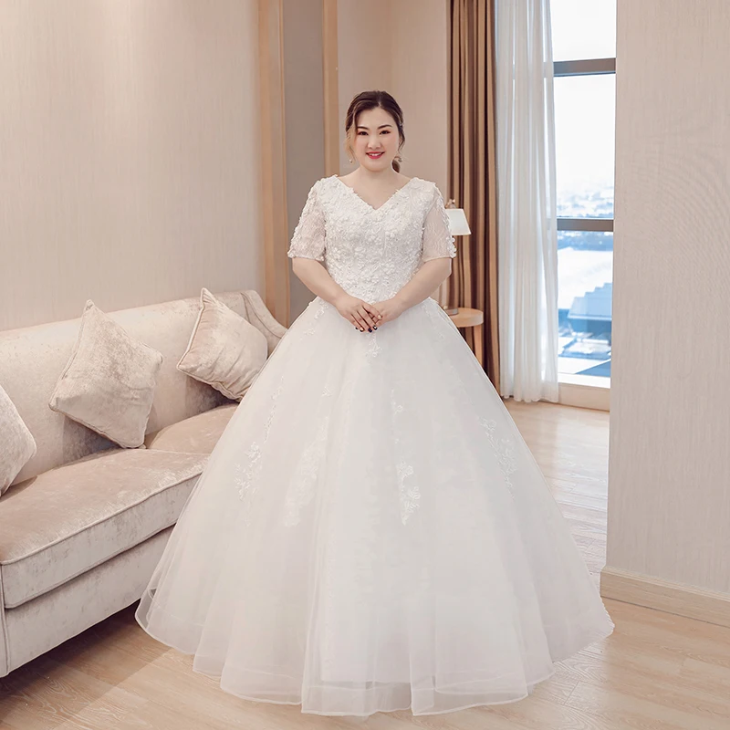 Novo vestido de casamento profundo decote em v meia mangas baratos princesa vestidos de baile branco appliqeus elegante rendas até vestidos de casamento longos b005