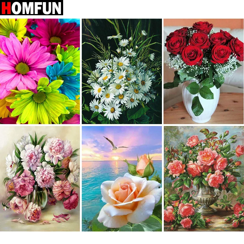 

HOMFUN Full Square/Round Drill 5D DIY Diamond Painting "Color rose daisy flower" 3D Embroidery Cross Stitch Home Decor Gift