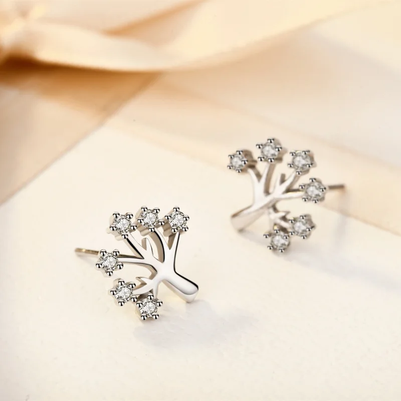 KOFSAC New Trendy 925 Sterling Silver Earrings For Women Shiny Zircon Cute Little Tree Ear Jewelry Lady Birthday Gift Daily Wear