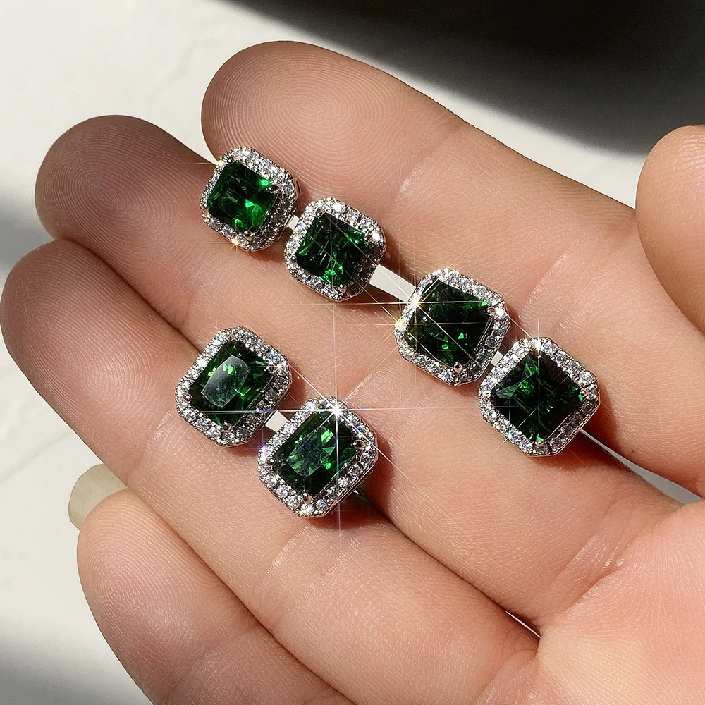Huitan Ohrstecker mit rechteckigem/quadratischem grünem kubischem Zirkon für Damen, elegante Party-Accessoires, Jahrestagsgeschenk, zeitlose Damen-Ohrringe – Detail 3