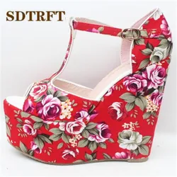 SDTRFT Stiletto Ladies 15cm kliny sandały platformowe buty kobieta zapatos mujer kwiaty t-strap pompy małe stocznie: 30,31,32,33-43